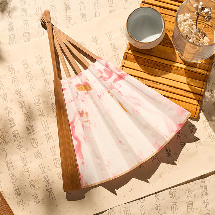 Buddha Stones Pink Gold Lacquer Floating Pattern Ink Bamboo Paper Folding Fan - image 4