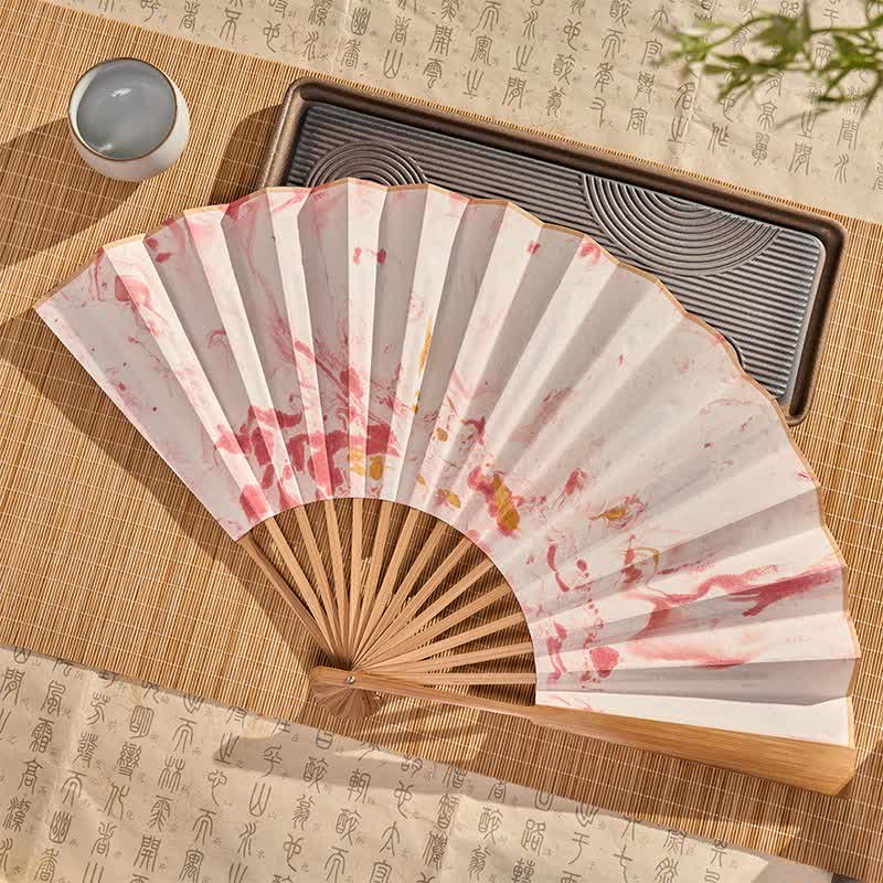 Buddha Stones Pink Gold Lacquer Floating Pattern Ink Bamboo Paper Folding Fan - image 2
