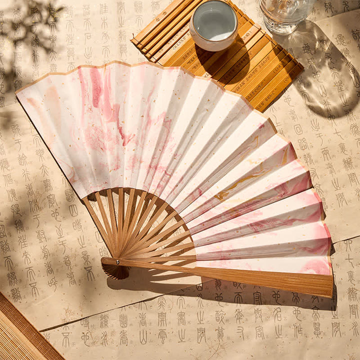 Buddha Stones Pink Gold Lacquer Floating Pattern Ink Bamboo Paper Folding Fan - image 1