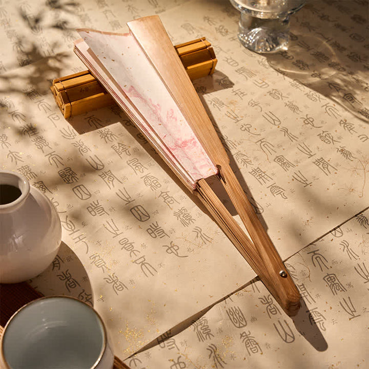 Buddha Stones Pink Gold Lacquer Floating Pattern Ink Bamboo Paper Folding Fan - image 5
