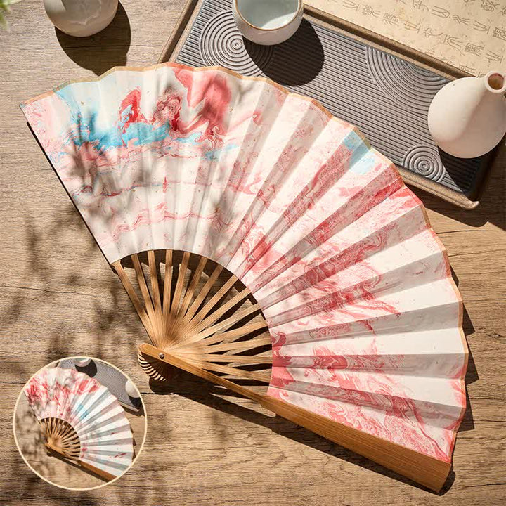Buddha Stones Pink And Blue Lacquer Floating Pattern Ink Bamboo Paper Folding Fan - 10-Inch Folding Fan Pink And Blue - Closed Size: Approx. 33 cm /13.0 in - image 0