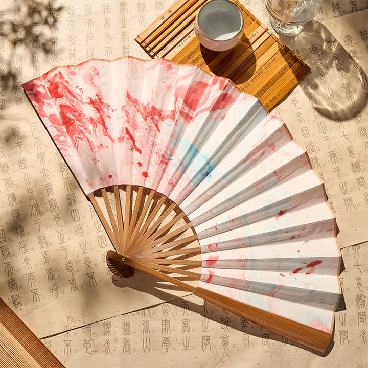 Buddha Stones Pink And Blue Lacquer Floating Pattern Ink Bamboo Paper Folding Fan - image 1