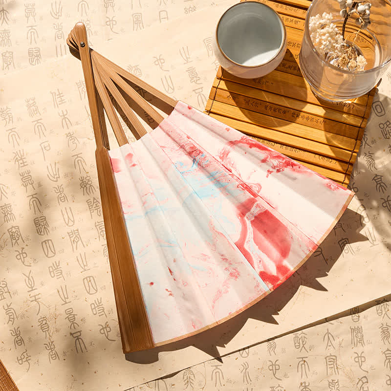 Buddha Stones Pink And Blue Lacquer Floating Pattern Ink Bamboo Paper Folding Fan - image 4