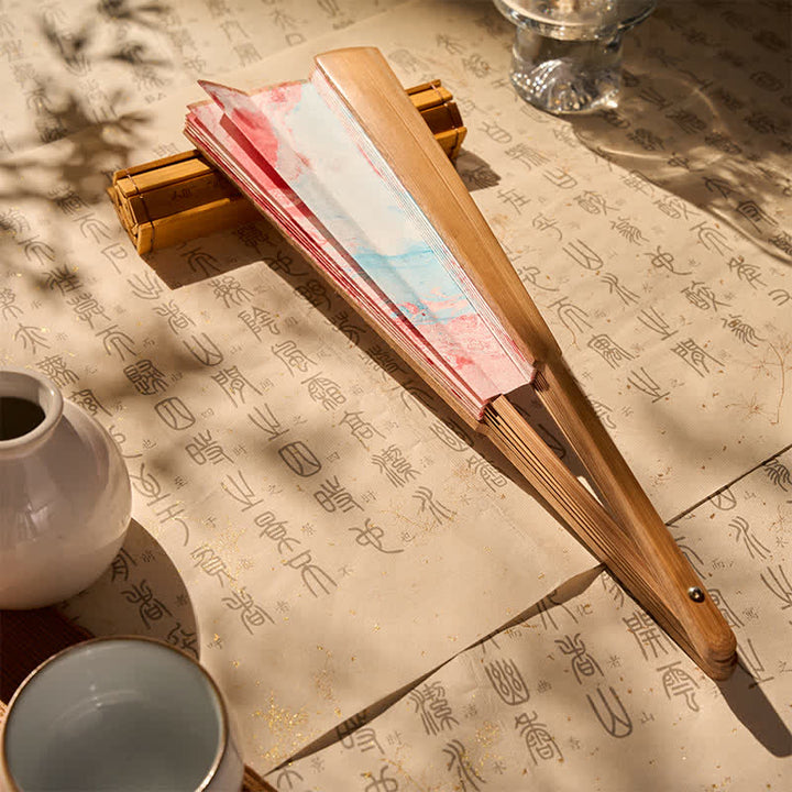 Buddha Stones Pink And Blue Lacquer Floating Pattern Ink Bamboo Paper Folding Fan - image 5