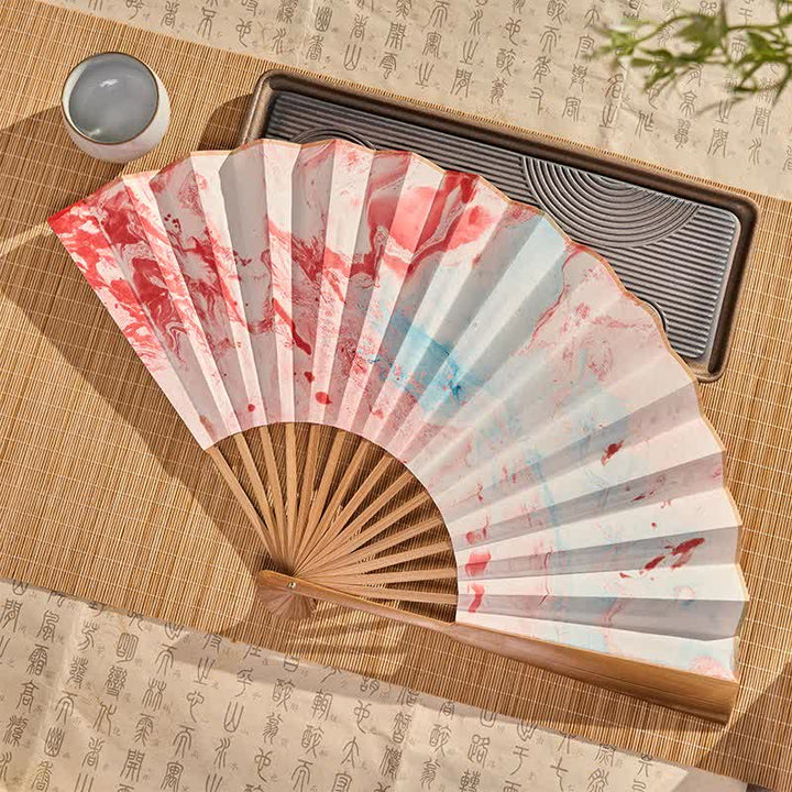 Buddha Stones Pink And Blue Lacquer Floating Pattern Ink Bamboo Paper Folding Fan - image 2