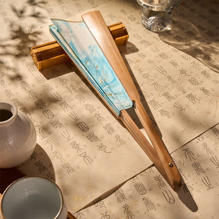 Buddha Stones Blue Gold Lacquer Floating Pattern Ink Bamboo Paper Folding Fan - image 5