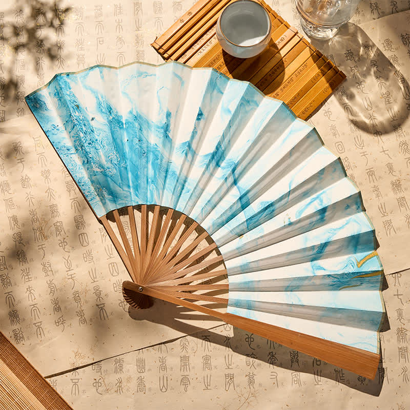 Buddha Stones Blue Gold Lacquer Floating Pattern Ink Bamboo Paper Folding Fan - image 1