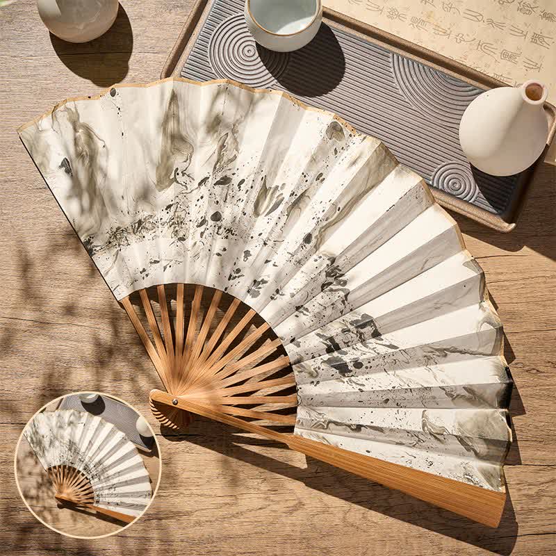 Buddha Stones Black Gold Lacquer Floating Pattern Ink Bamboo Paper Folding Fan - 10-Inch Folding Fan Black Gold - Closed Size: Approx. 33 cm /13.0 in - image 0