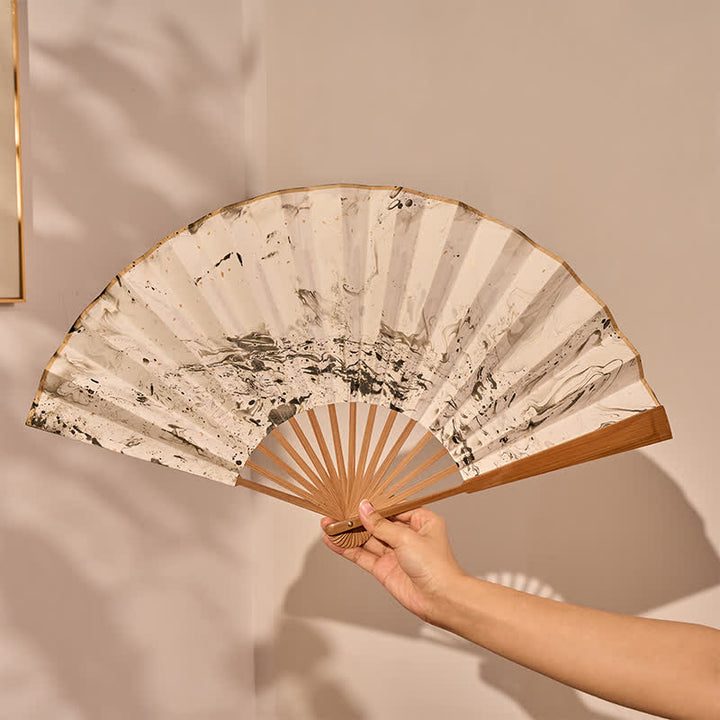 Buddha Stones Black Gold Lacquer Floating Pattern Ink Bamboo Paper Folding Fan - image 3
