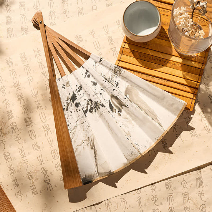 Buddha Stones Black Gold Lacquer Floating Pattern Ink Bamboo Paper Folding Fan - image 4