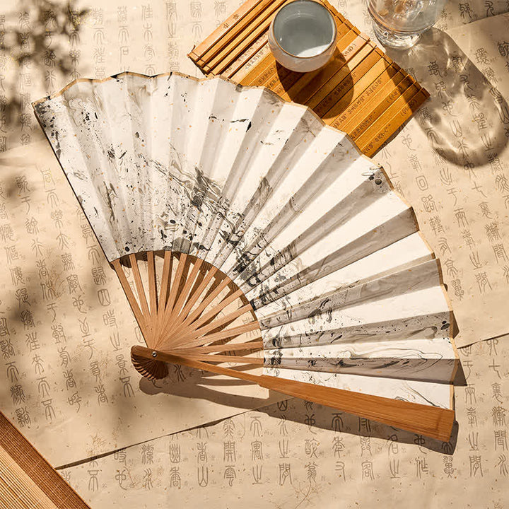 Buddha Stones Black Gold Lacquer Floating Pattern Ink Bamboo Paper Folding Fan - image 1