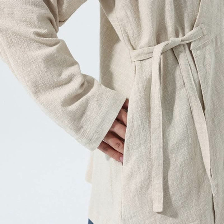 Buddha Stones Fall Winter Simple Tang Style Drawstring Solid Cotton Men's Kimono With Pocket - image 26