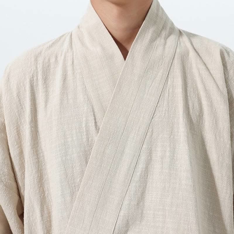 Buddha Stones Fall Winter Simple Tang Style Drawstring Solid Cotton Men's Kimono With Pocket - image 23
