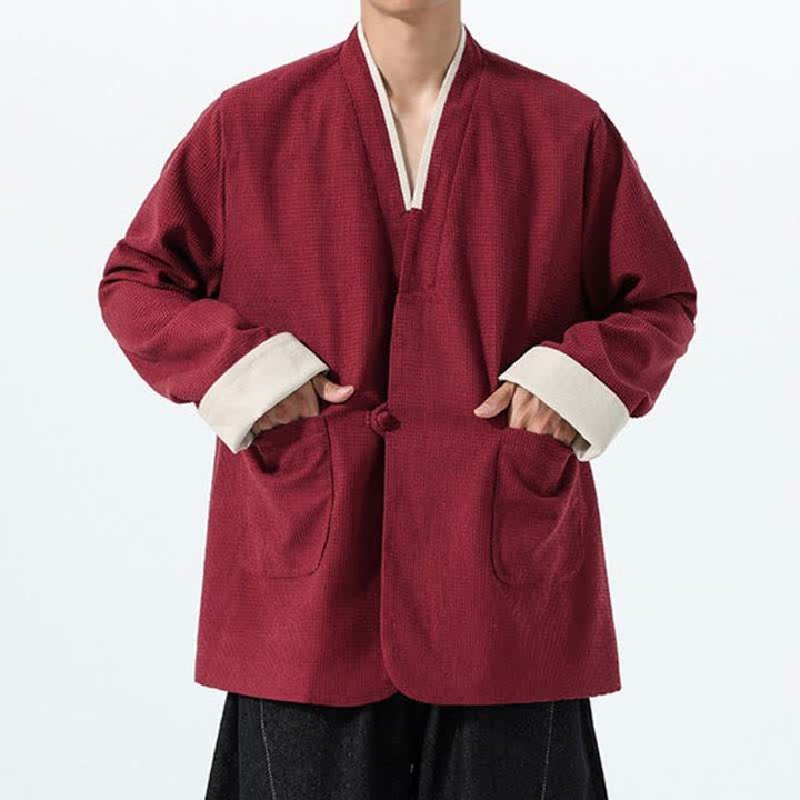 Buddha Stones Fall Casual Tang Style Frog Button V-Neck Solid Men's Jacket With Pockets - image 1
