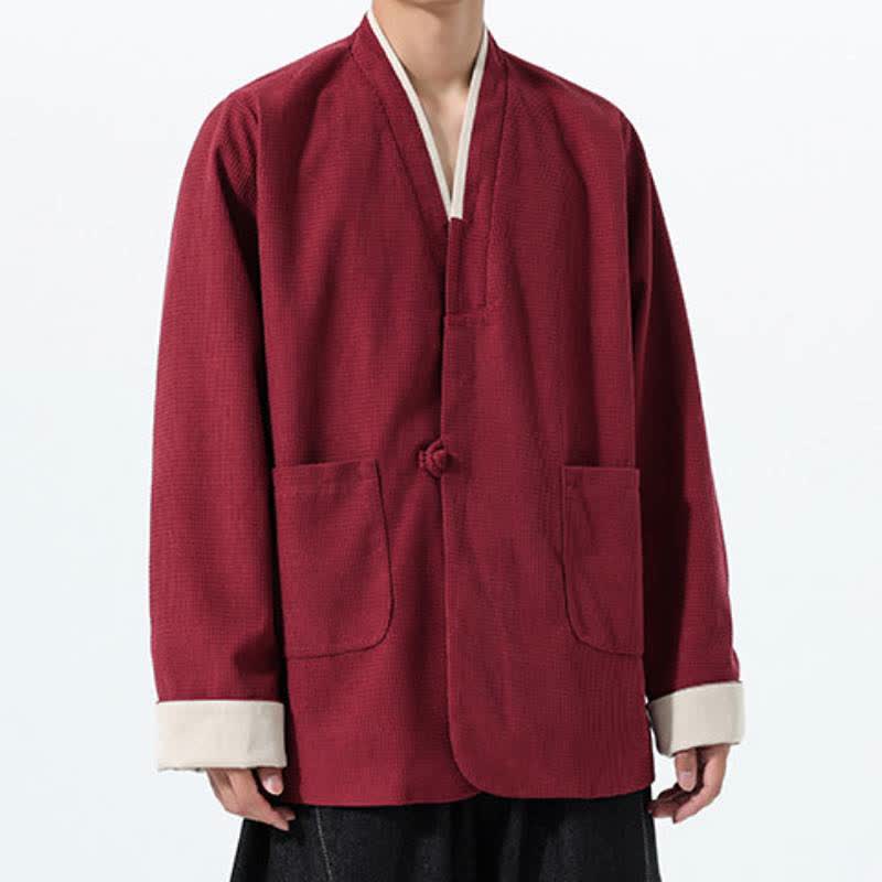 Buddha Stones Fall Casual Tang Style Frog Button V-Neck Solid Men's Jacket With Pockets - image 2