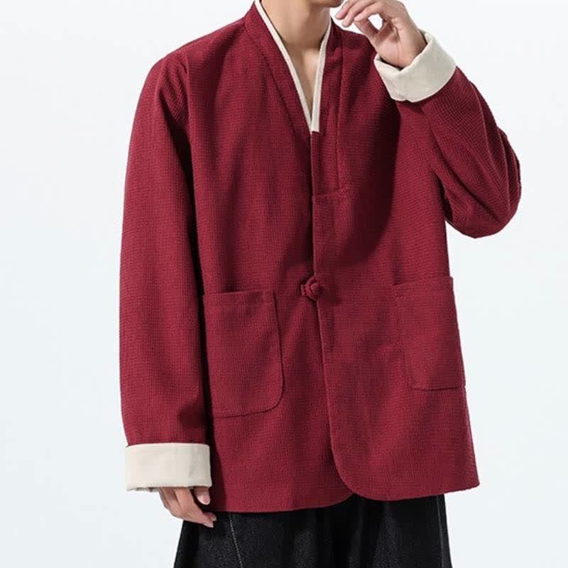 Buddha Stones Fall Casual Tang Style Frog Button V-Neck Solid Men's Jacket With Pockets - image 5