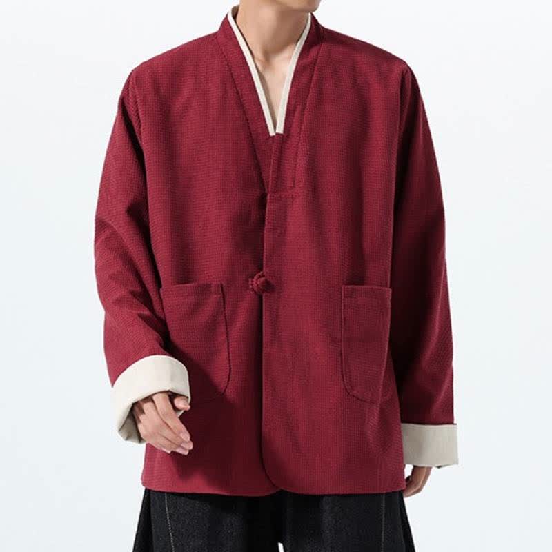 Buddha Stones Fall Casual Tang Style Frog Button V-Neck Solid Men's Jacket With Pockets - image 4