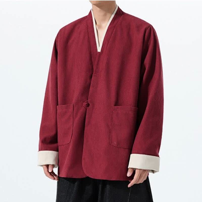 Buddha Stones Fall Casual Tang Style Frog Button V-Neck Solid Men's Jacket With Pockets - image 3