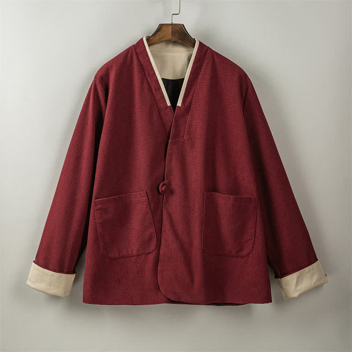 Buddha Stones Fall Casual Tang Style Frog Button V-Neck Solid Men's Jacket With Pockets - image 7