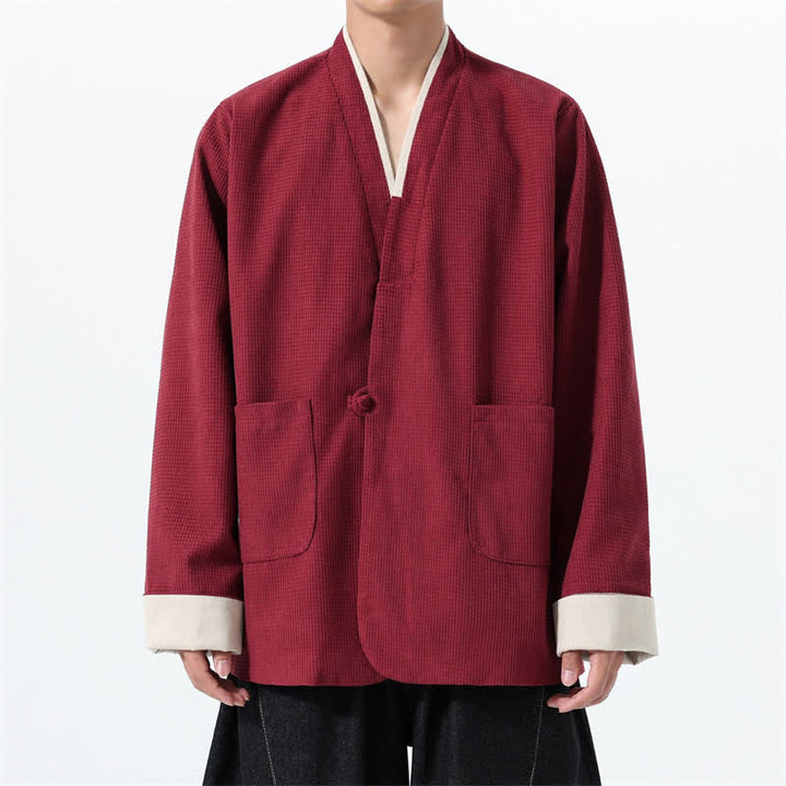 Buddha Stones Fall Casual Tang Style Frog Button V-Neck Solid Men's Jacket With Pockets - Maroon - US/UK/AU46，EU56 (5XL) - image 0