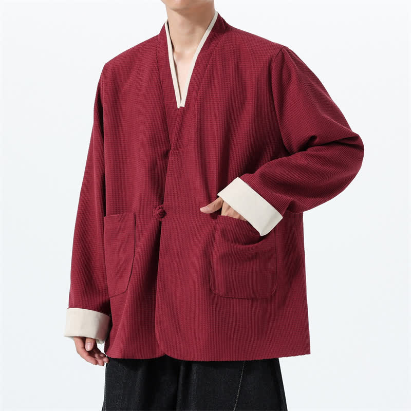 Buddha Stones Fall Casual Tang Style Frog Button V-Neck Solid Men's Jacket With Pockets - image 6