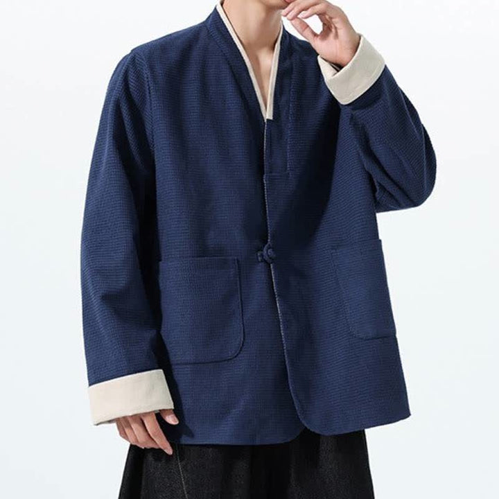 Buddha Stones Fall Casual Tang Style Frog Button V-Neck Solid Men's Jacket With Pockets - image 14
