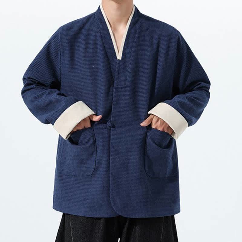 Buddha Stones Fall Casual Tang Style Frog Button V-Neck Solid Men's Jacket With Pockets - image 11