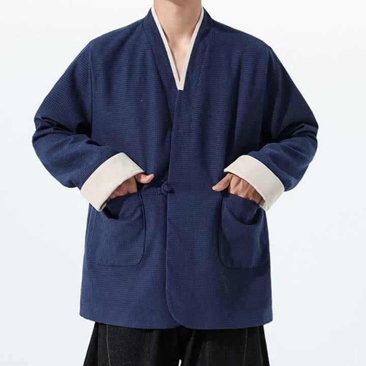 Buddha Stones Fall Casual Tang Style Frog Button V-Neck Solid Men's Jacket With Pockets - image 11