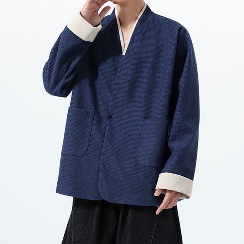 Buddha Stones Fall Casual Tang Style Frog Button V-Neck Solid Men's Jacket With Pockets - image 9