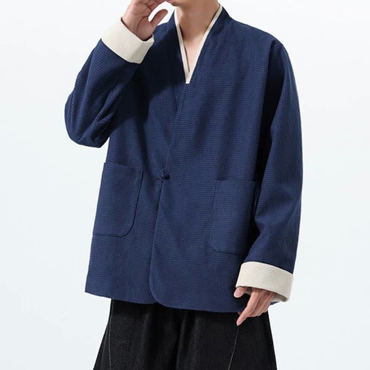 Buddha Stones Fall Casual Tang Style Frog Button V-Neck Solid Men's Jacket With Pockets - image 9