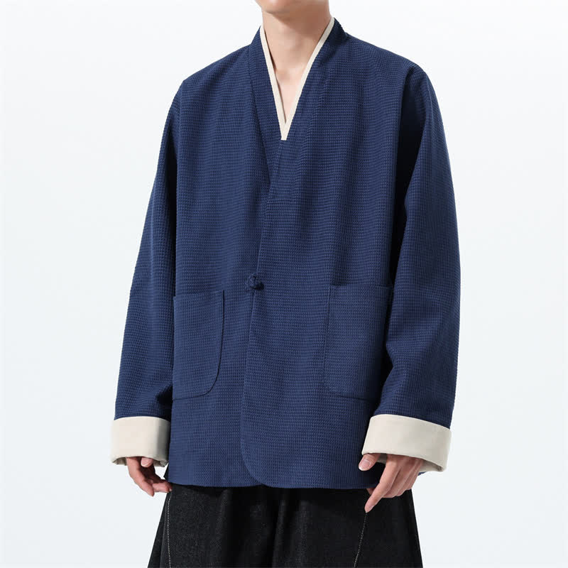 Buddha Stones Fall Casual Tang Style Frog Button V-Neck Solid Men's Jacket With Pockets - image 13