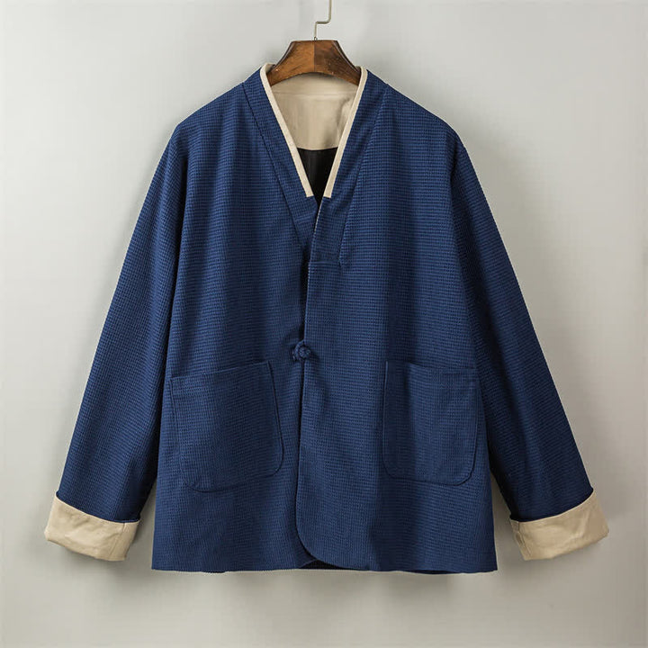 Buddha Stones Fall Casual Tang Style Frog Button V-Neck Solid Men's Jacket With Pockets - image 19