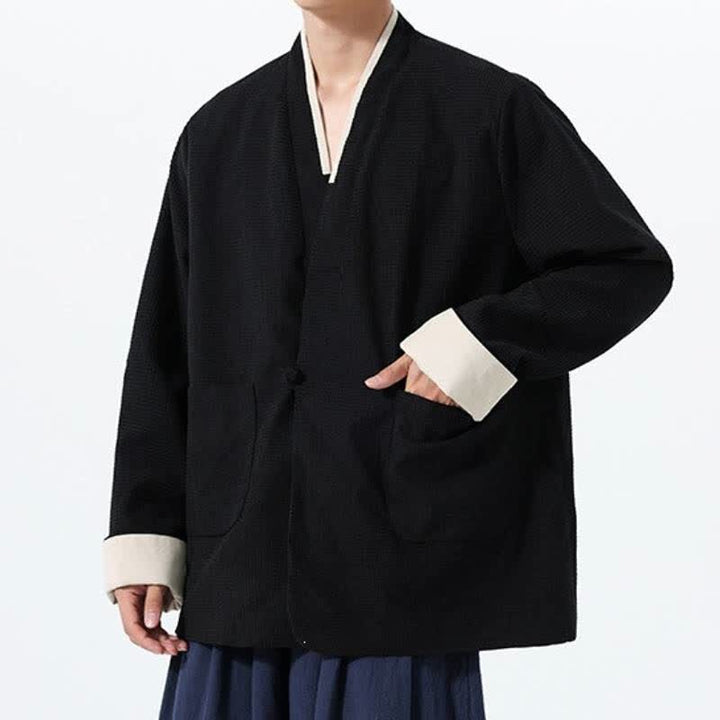 Buddha Stones Fall Casual Tang Style Frog Button V-Neck Solid Men's Jacket With Pockets - image 26