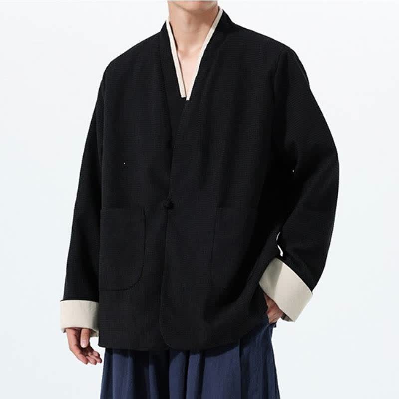 Buddha Stones Fall Casual Tang Style Frog Button V-Neck Solid Men's Jacket With Pockets - image 23