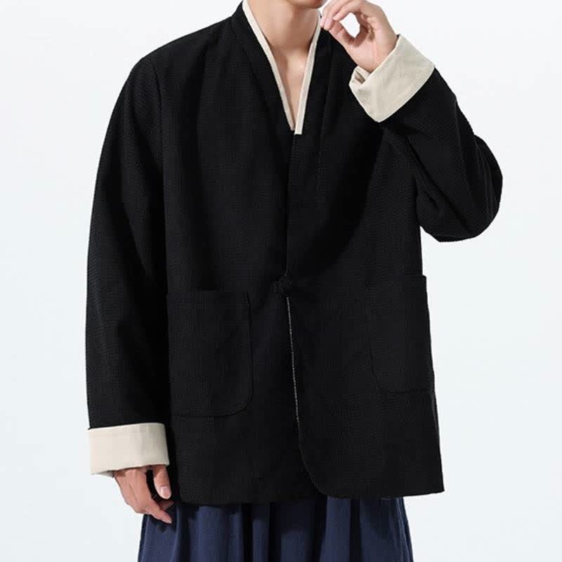 Buddha Stones Fall Casual Tang Style Frog Button V-Neck Solid Men's Jacket With Pockets - image 25