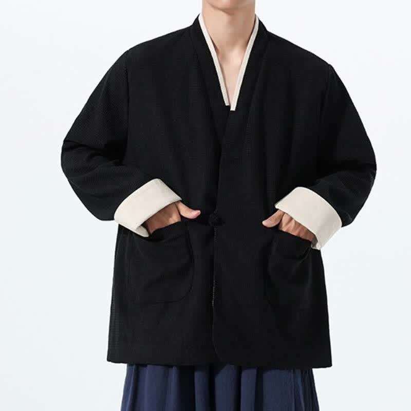 Buddha Stones Fall Casual Tang Style Frog Button V-Neck Solid Men's Jacket With Pockets - image 22