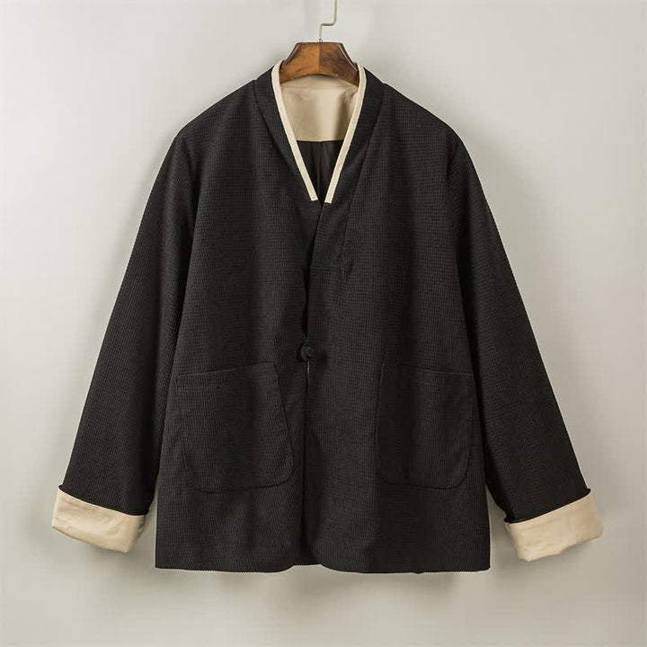 Buddha Stones Fall Casual Tang Style Frog Button V-Neck Solid Men's Jacket With Pockets - image 27