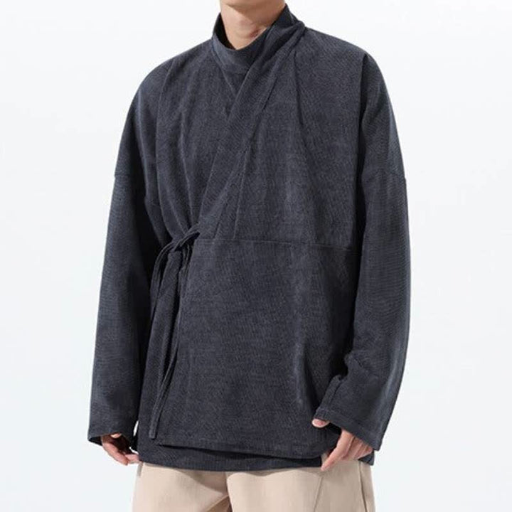 Buddha Stones Fall Winter Casual Tang Style Mandarin Collar Solid Men's Kimono With Pocket - image 9