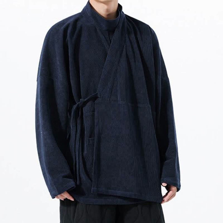 Buddha Stones Fall Winter Casual Tang Style Mandarin Collar Solid Men's Kimono With Pocket - Navy - US/UK/AU46，EU56 (5XL) - image 15