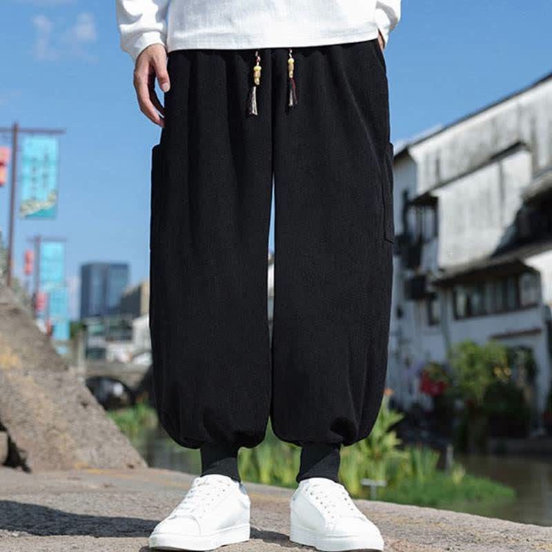 Buddha Stones Fall Winter Casual Vintage Drawstring Solid Ankle Pants Men's Tapered Pants With Pockets - Black - US/UK/AU46，EU56 (5XL) - image 8