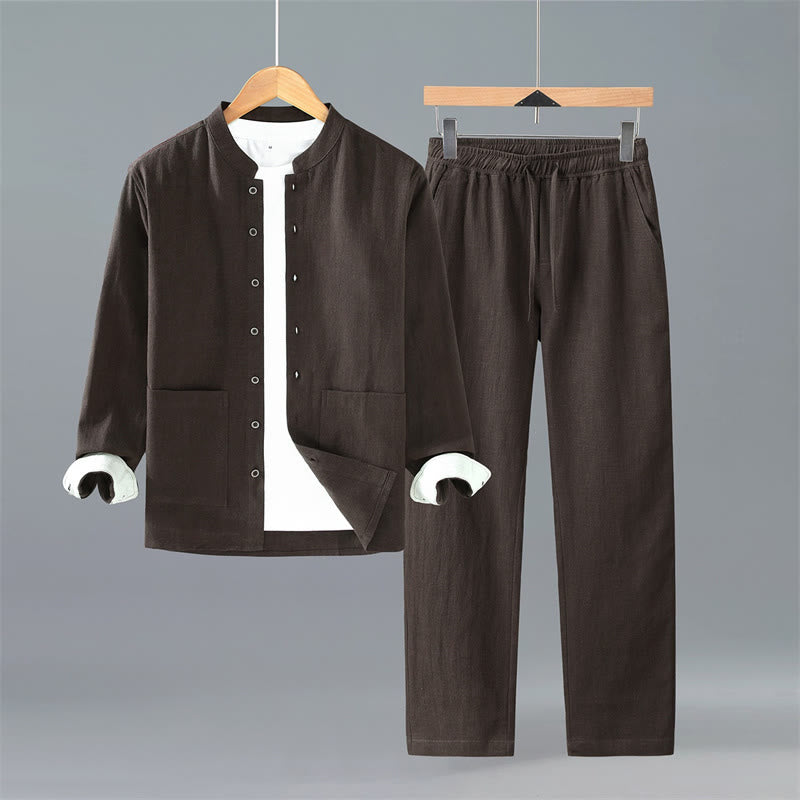 Buddha Stones Spring Fall Tang Style Minimalist Button-Up Solid Ramie Long Sleeve Shirt Pants Men's Meditation Cloth With Pockets - SaddleBrown Shirt Pants - US/UK/AU42，EU52 (3XL) - image 0