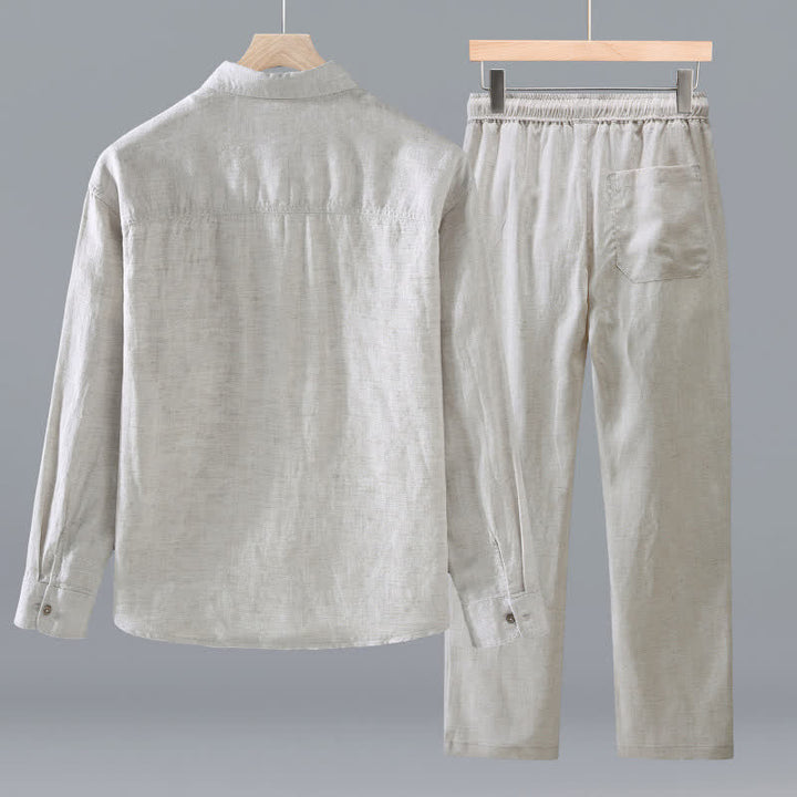 Buddha Stones Spring Fall Casual Minimalist Button-Up Long Sleeve Shirt Drawstring Pants Solid Men's Meditation Cloth With Pocket - image 2