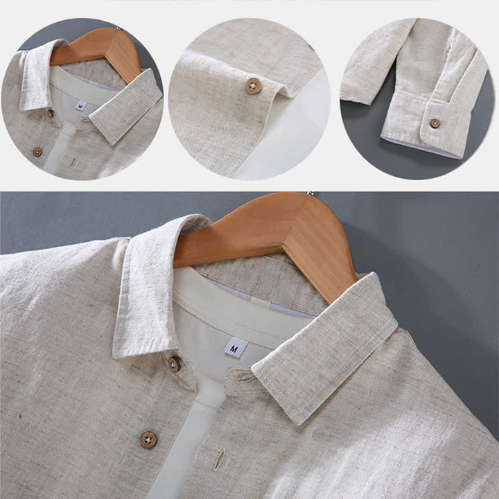 Buddha Stones Spring Fall Casual Minimalist Button-Up Long Sleeve Shirt Drawstring Pants Solid Men's Meditation Cloth With Pocket - image 3
