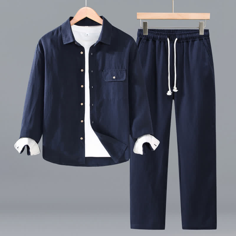 Buddha Stones Spring Fall Casual Minimalist Button-Up Long Sleeve Shirt Drawstring Pants Solid Men's Meditation Cloth With Pocket - Navy - US/UK/AU42，EU52 (3XL) - image 0