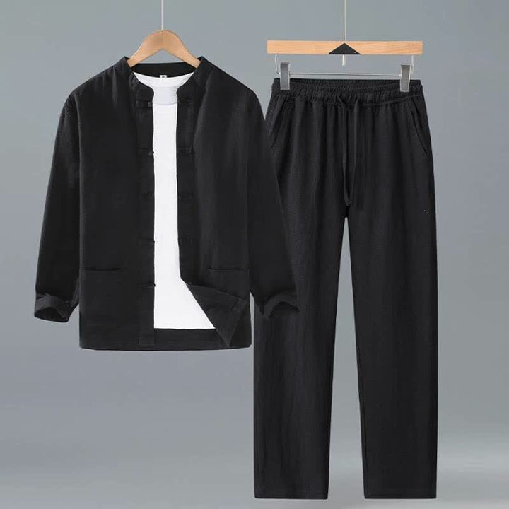 Buddha Stones Spring Fall Tang Style Mandarin Collar Solid Ramie Shirt Pants Men's Meditation Cloth With Pockets - Black - US/UK/AU42，EU52 (3XL) - image 9