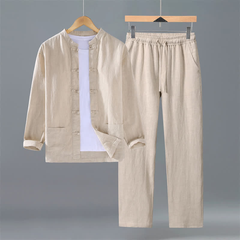 Buddha Stones Spring Fall Tang Style Mandarin Collar Solid Ramie Shirt Pants Men's Meditation Cloth With Pockets - Beige - US/UK/AU42，EU52 (3XL) - image 0