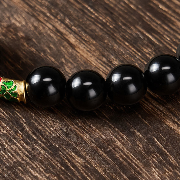 Buddha Stones Golden Sheen Obsidian Peace Buckle Black Obsidian Koi Fish Protection Round Bead Bracelet - image 4