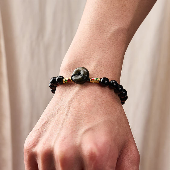 Buddha Stones Golden Sheen Obsidian Peace Buckle Black Obsidian Koi Fish Protection Round Bead Bracelet - image 5