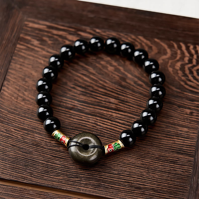 Buddha Stones Golden Sheen Obsidian Peace Buckle Black Obsidian Koi Fish Protection Round Bead Bracelet - image 1