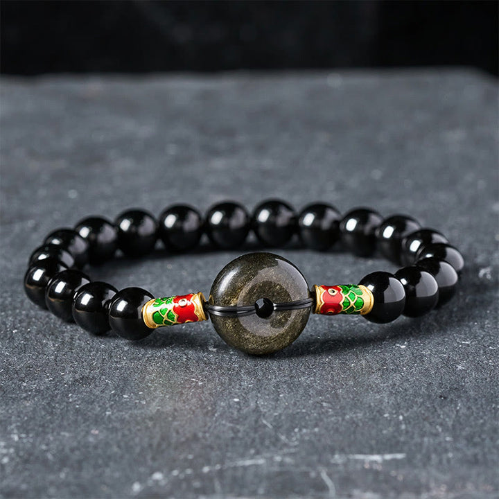 Buddha Stones Golden Sheen Obsidian Peace Buckle Black Obsidian Koi Fish Protection Round Bead Bracelet - Black Obsidian & Golden Sheen Obsidian(Wrist Circumference: 15–16 cm) - image 0